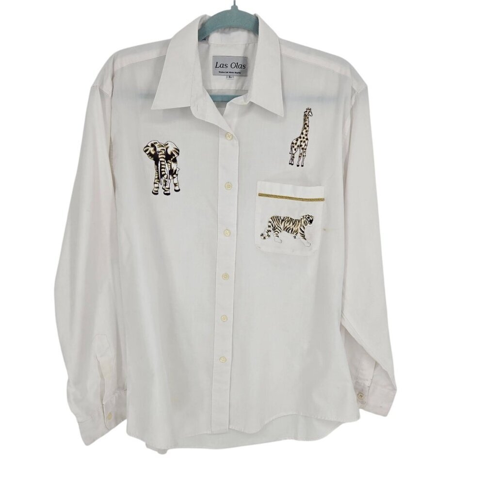 Las olas mens large white elephant tiger giraffe embroidered patchwork button up